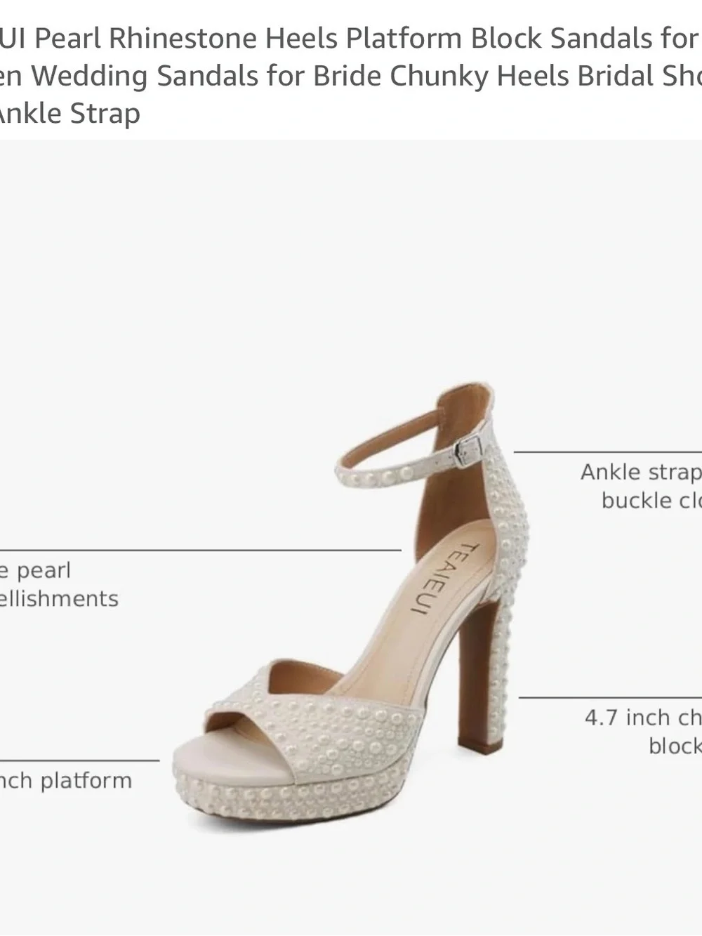 Pearl-Embellished Cream Platform Block Heels with Ankle Strap